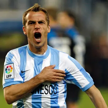 Partido de Liga entre el M&aacute;laga y el Rayo en La Rosaleda. En la imagen, Duda celebra su gol. 

Spanish League match between Malaga and Rayo. In this picture, Duda celebrates his goal.